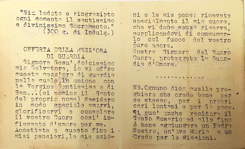 Pagellina per gli iscritti alla Guardia d’Onore (Catholic worship shifts)